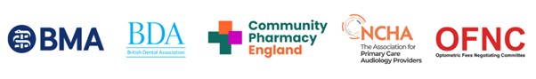 BMA, BDA, Community Pharmacy England, NCHA, OFNC logos