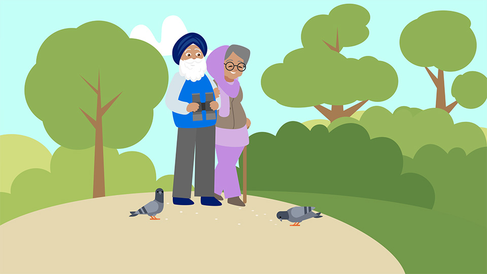 Elderly couple walking in the park animation