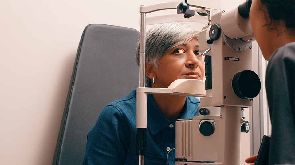 Patient having an eye test