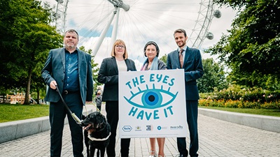 Left to right, Keith Valentine (along with Dotty the Guide Dog) Chief Executive at Fight for Sight, Carolyn Ruston, Policy Director at the Association of Optometrists, Cathy Yelf, Chief Executive of the Macular Society and Jordan Marshall, Policy Lead at the Royal College of Ophthalmology