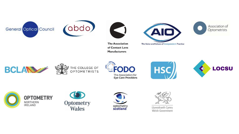 GOC, abdo, the Association of Contact Lens Manufacturers, AIO, AOP, BCLA, the College of Optometrists, FODO, HSC, LOCSU, Optometry Northern Ireland, Optometry Wales, Optometry Scotland, Llywodraeth Cymru Welsh Government  logos