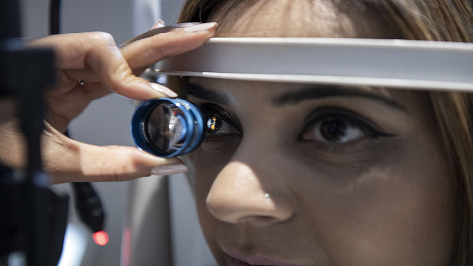 Patient having an eye test