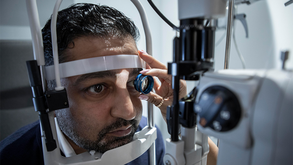 Patient having an eye test