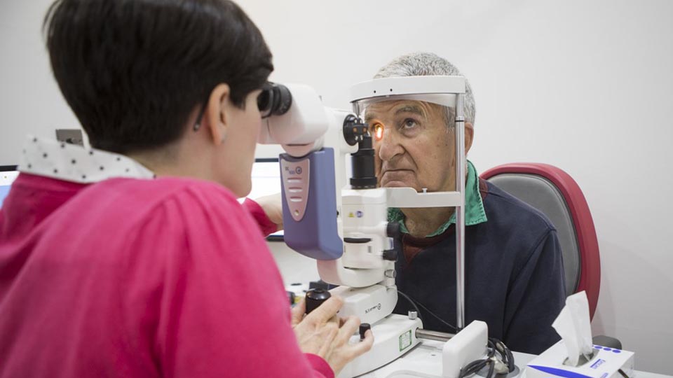 Patient having an eye test