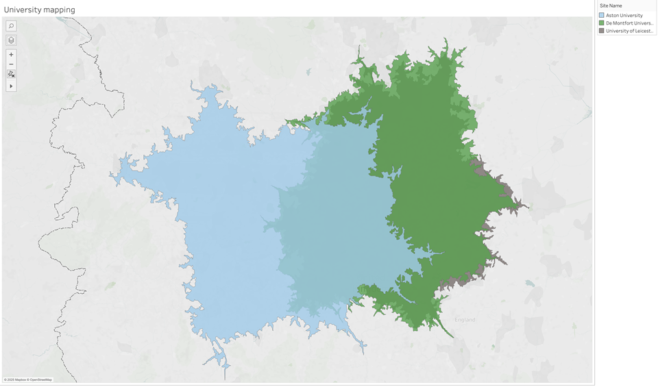 Figure 2 Map showing three midlands universities