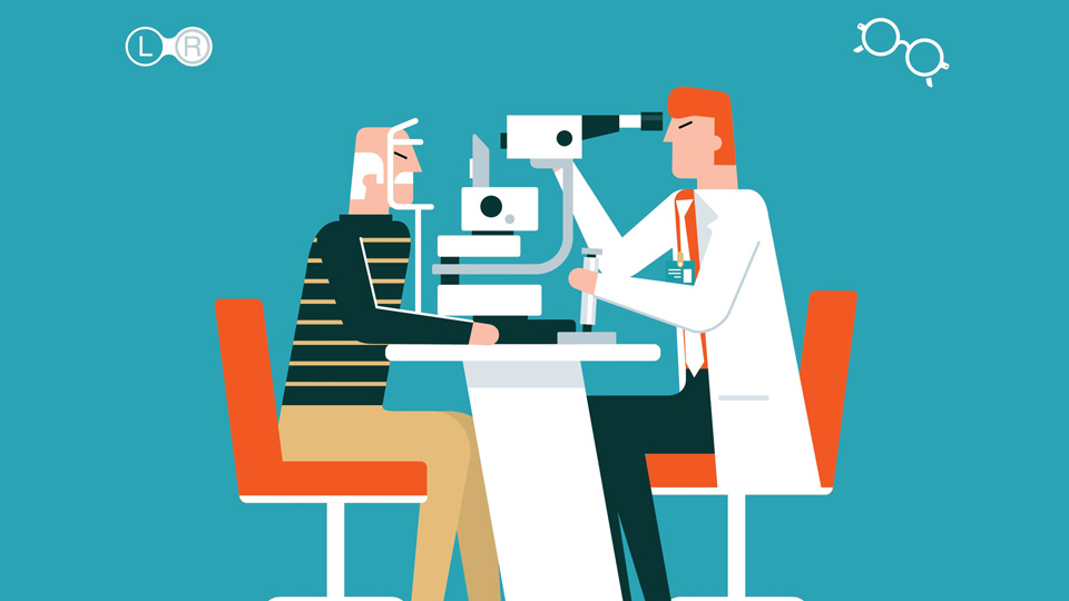 Cartoon optometrist with red hair does an eye test on a cartoon old man
