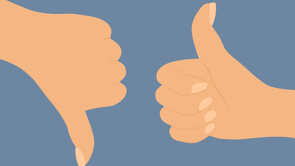 Illustration of two hands, one showing a thumbs up, and one showing a thumbs down