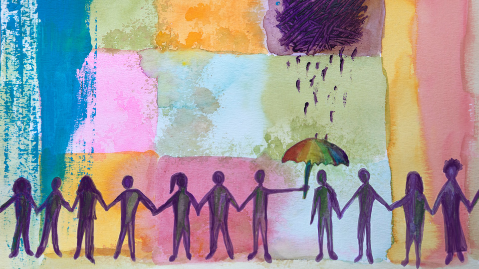A collage style image of paperchain people. One is being rained on by a purple thundercloud, but another holds open a rainbow umbrella. The background is a collection of watercolour squares, speckles, and strokes of paint