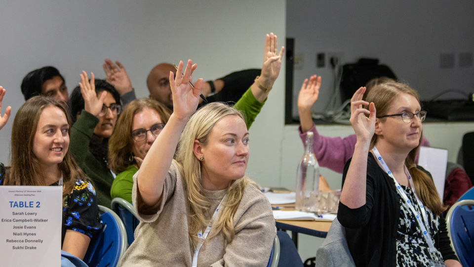 Councillors sitting at tables talking with hands raised at the November 2025 AOP Council meeting 