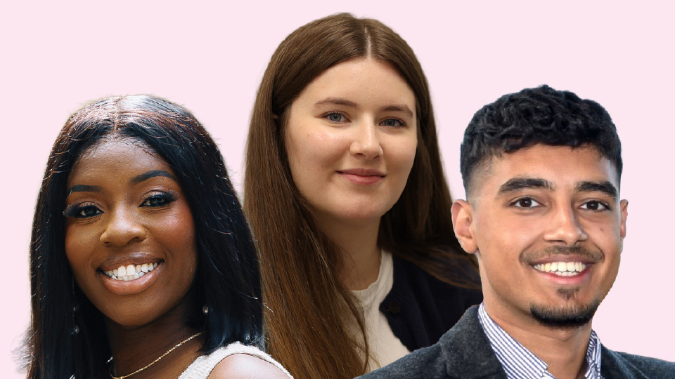 Head and shoulders images of three pre-reg contributors smiling on a pink background