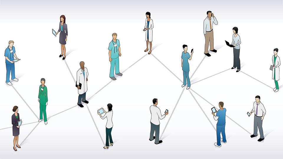 Illustration of medical professional standing and lines connecting them