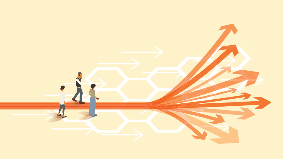 Illustration of three people standing on arrows