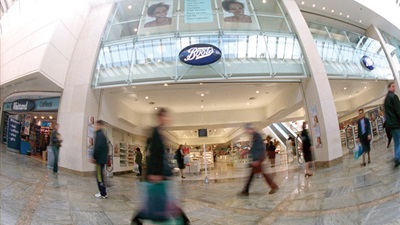 Exterior of a Boots store through a fisheye lens