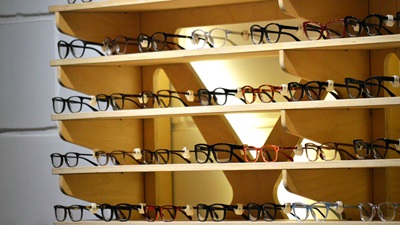 glasses on a wooden shelf