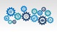 An illustration of a series of cogs in shades of blue each with an icon inside, indicating innovation, technology, targets, ideas, customer service, and shopfronts.  