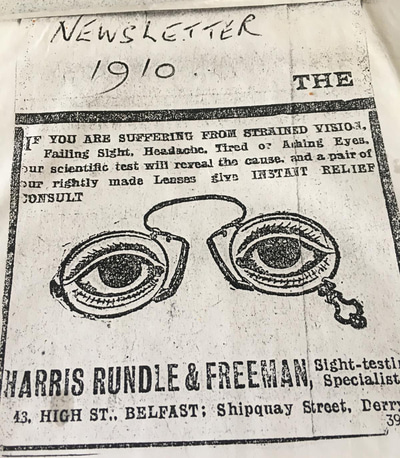 A 1910 advertisement placed by Harris Rundle Optometrists.