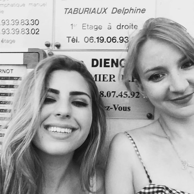 A black and white selfie of Nicola and Natasha