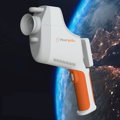 The QuickSee is a handheld device in white and orange plastic, here it is displayed against a background of stars in space 