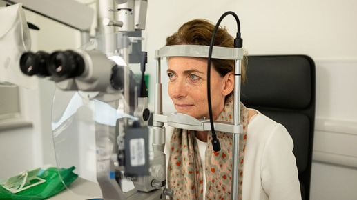 MP Pam Cox receives an eye test at Optegra Colchester 
