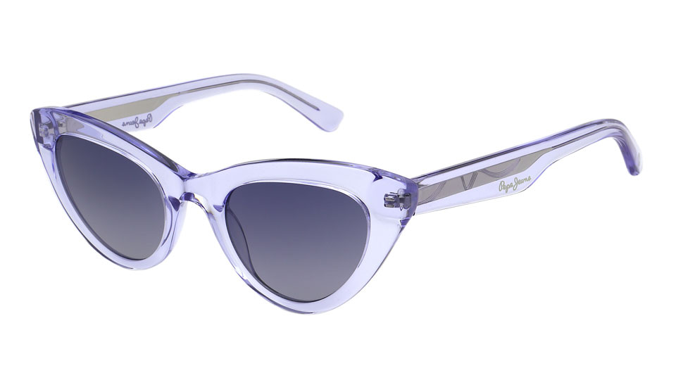A cat’s eye frame in a translucent lilac acetate with deep purple lenses