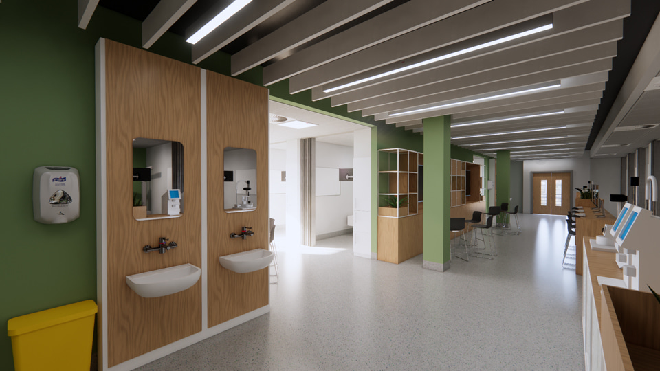 Calming green hallways designed for the new facilities