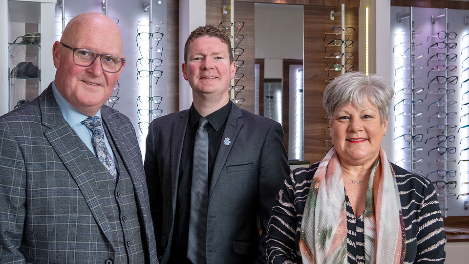 The Tuite Opticians team, from left, practice director, Eamonn Tuite, optometrist, Stephen Kirley and practice manager, Michelle Campbell