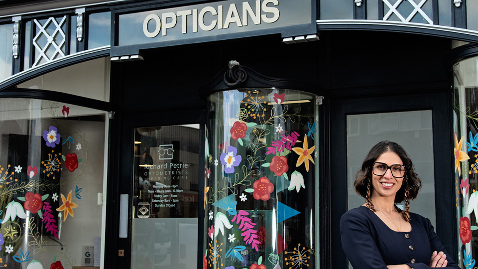 Davina Dosanjh outside her practice, Richard Petrie Optometrists