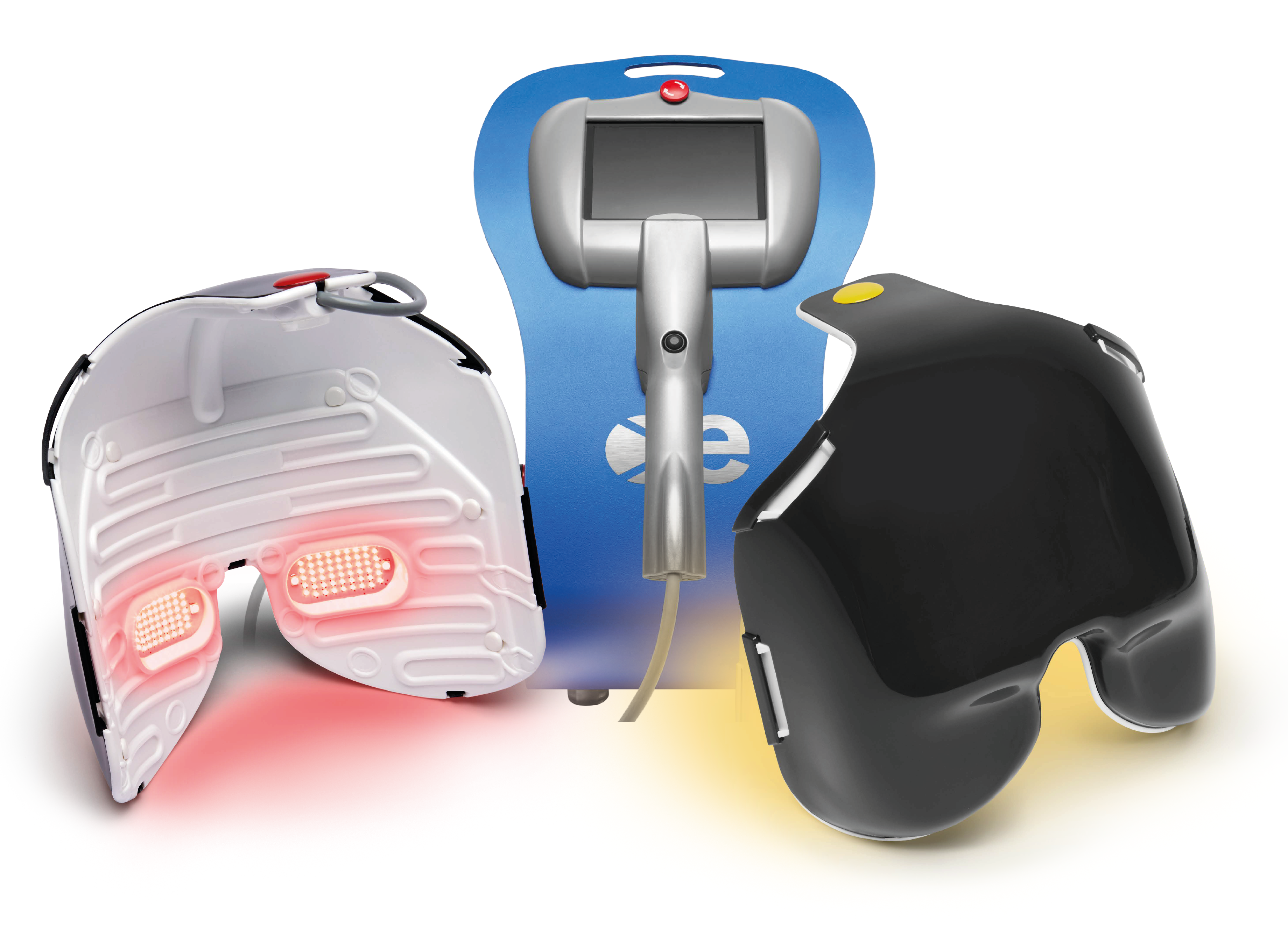 A medical-style mask with a red light positioned in the eye area. A second mask emits a yellow light.