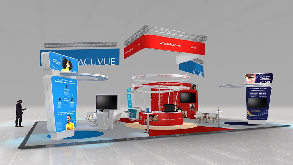 A digital render of JJV’s stand at 100% Optical with three distinct zones