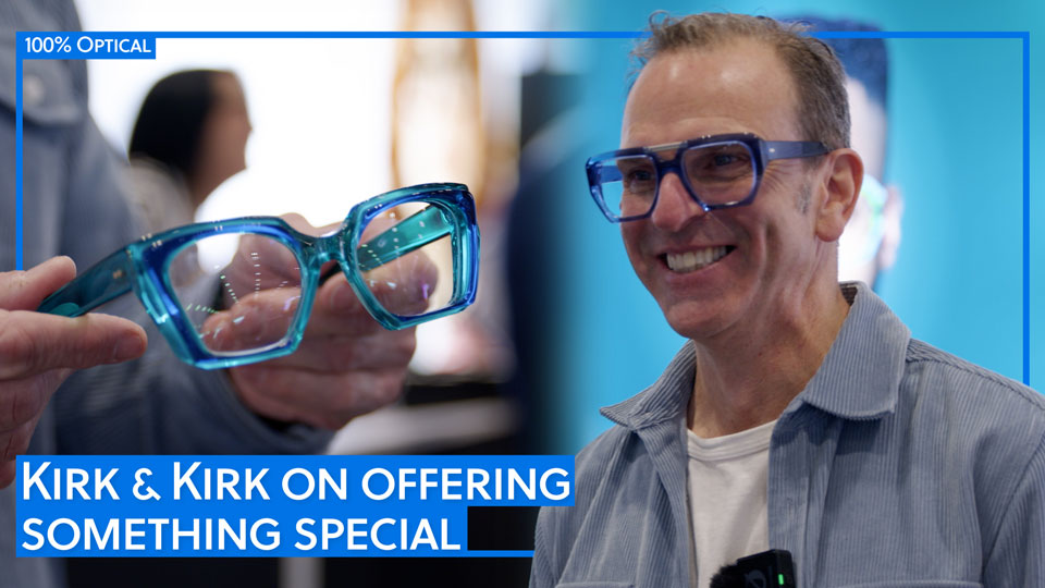 A split frame – on the right Jason wears a denim blue transluscent pair of eyewear and a light blue corduroy jacket. On the left, he holds up a pair of tea ‘Kat’ frames