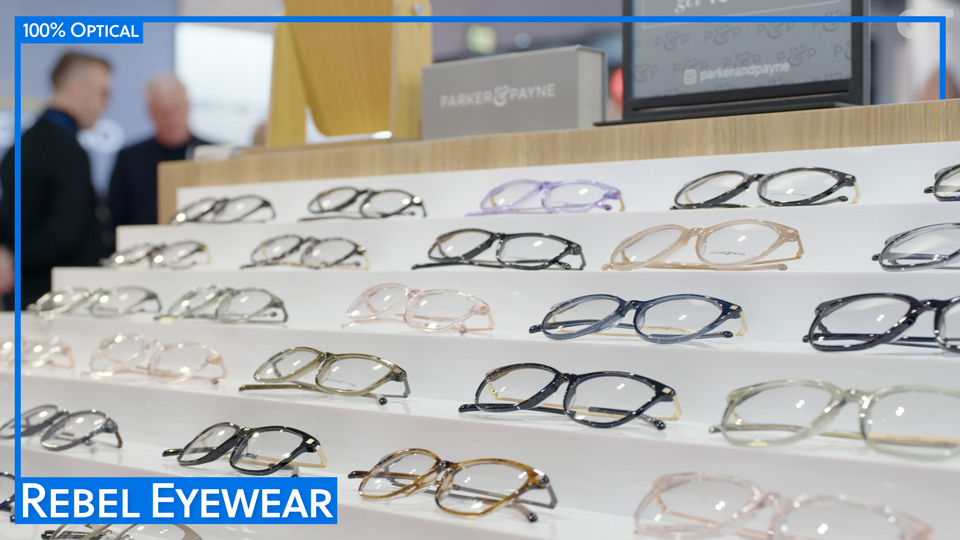 A display of eyewear with a blue frame and text: Rebel Eyewear