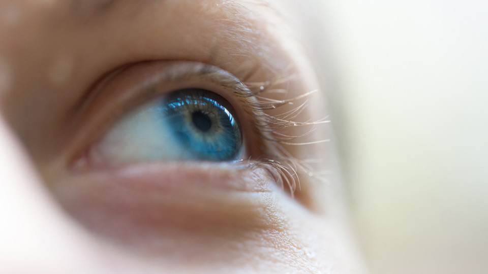 The close-up of a blue eye on a Caucasian person 
