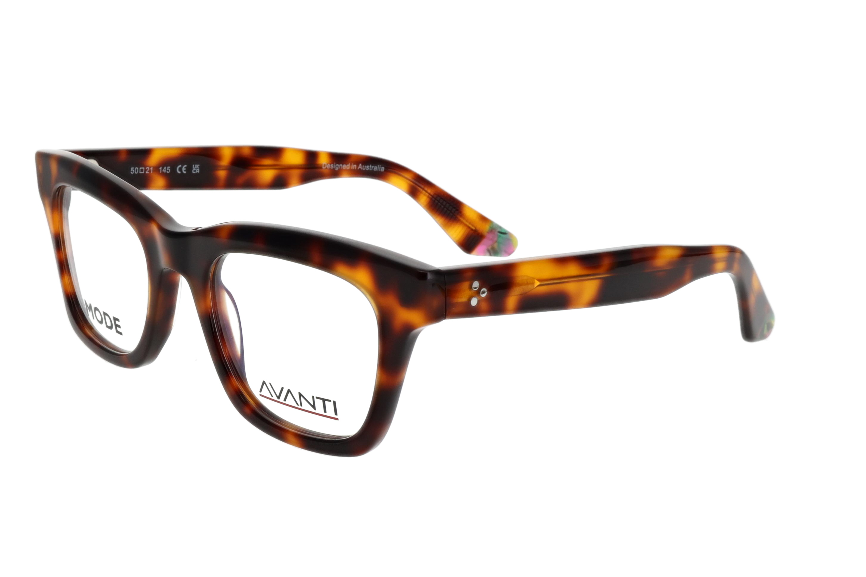 A pair of chunky acetate glasses with a Havana style