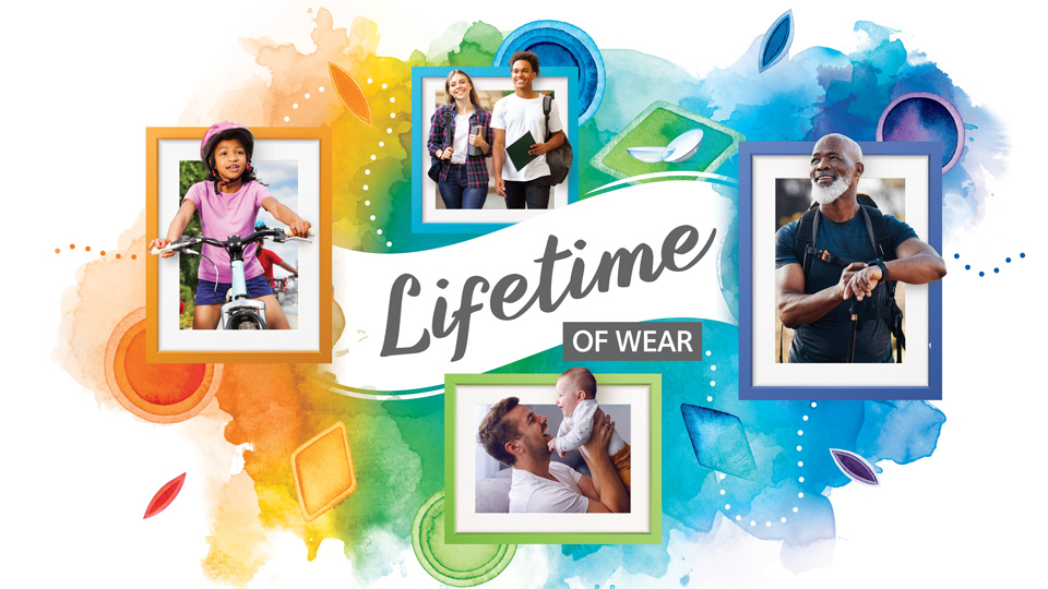 An illustration with the phrase ‘A lifetime of wear’ at the centre of a watercolour rainbow. Four images are framed: one of a young girl on a bike, a second of two teenagers, a third of a father with a young baby, and a final image of an older adult on a hike