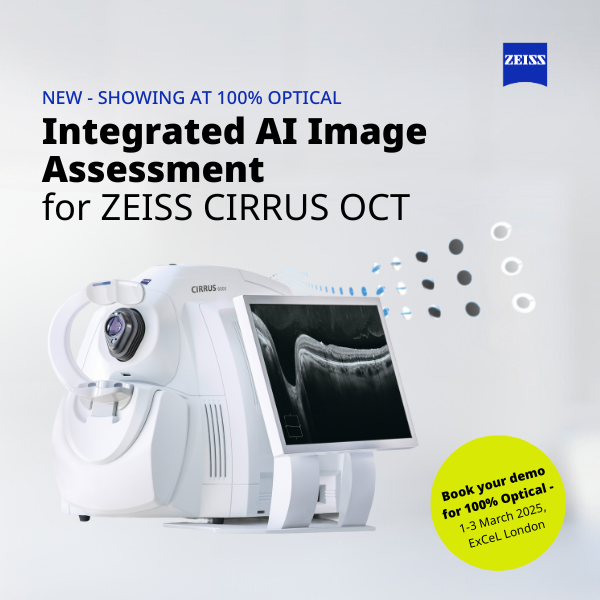 The Zeiss Cirrus OCT with text encouraging demonstrations at 100% Optical
