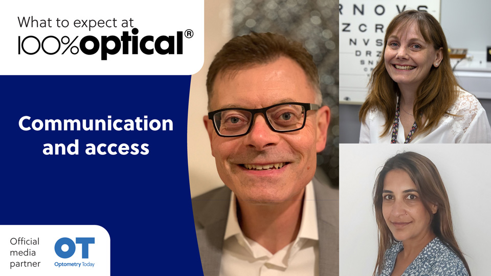 A graphic in dark blue and white stating: What to expect at 100% Optical, Communication and access. On the right the template splits into three with headshots of three optical professionals