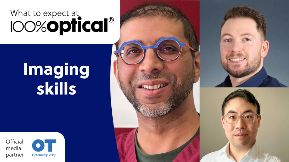 A graphic stating: What to expect at 100% Optical. Imaging skills. A collage of three images shows three men: the first, on the left wears red scrubs over a green t-shirt and blue and orange glasses, the top right wears a navy shirt, and the bottom right wears a white shirt and clear spectacles