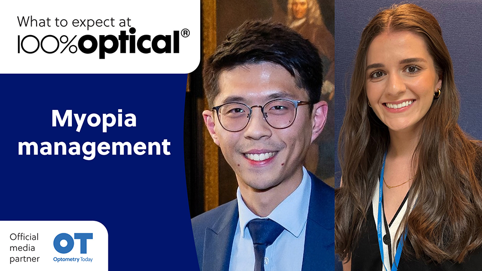 A graphic in white and blue stating: what to expect at 100% Optical. Myopia management. Two headshots show speakers. On the left is a man in a navy suit jacket and tie with dark hair, and on the right is a woman with long brown hair and a black and white top