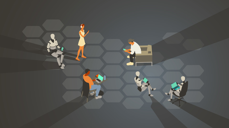 Illustration of stary-up workers with laptops from above