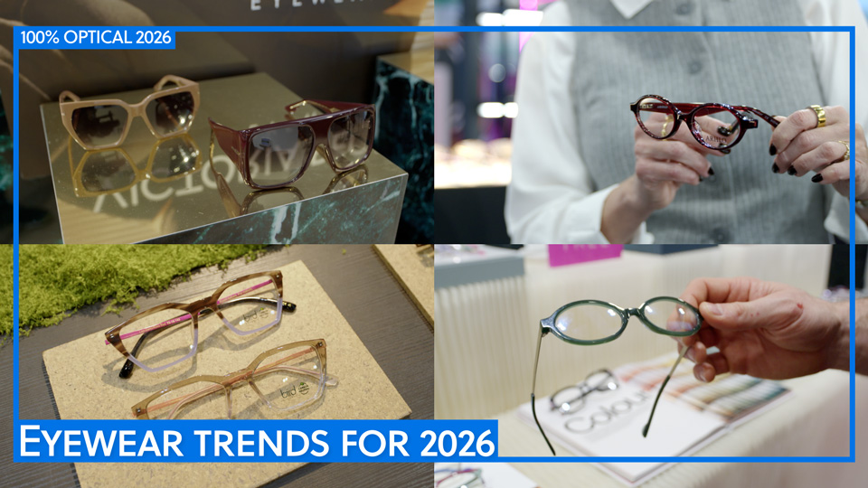 A collage of four photos of different eyewear on display. Larger, bold frames are presented in the top left, angular shapes with pink colour pops in bottom left, a deep red oval frame in top right, and dark green oval pair in the bottom right