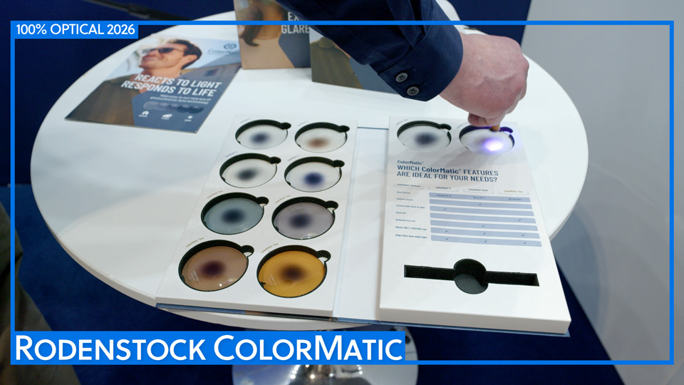 An open display book of photochromic lenses each displaying the colour they turn after exposure to UV