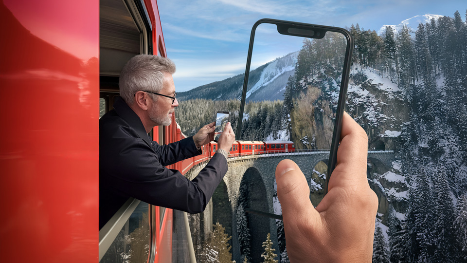 A red train is photographed on a high bridge arcing through ice-capped mountains. A hand and phone are held up as though the camera is in the perspective of someone on the train. Ahead, another middle aged gentleman is taking a photo of the scenery out of the window