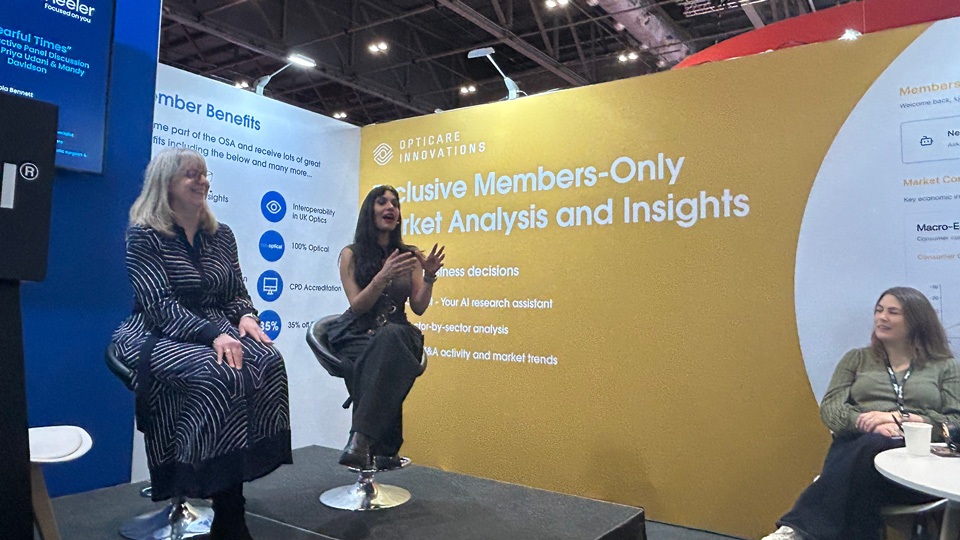 Mandy Davidson, Nicola Bennett and Priya Udani on stage at 100% Optical 2026