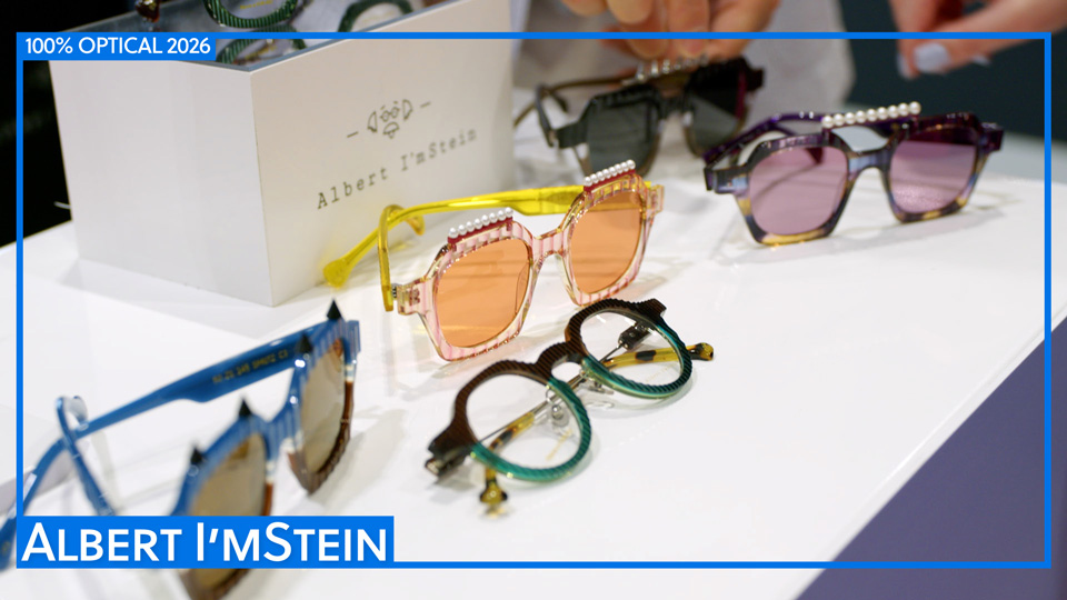 Four frames in an array of eclectic colours and designs are spread out on a white table. In the background is the Albert ImStein logo – a playful sketch of glasses, moustache and puffs of hair that are reminiscent of Albert Einstein