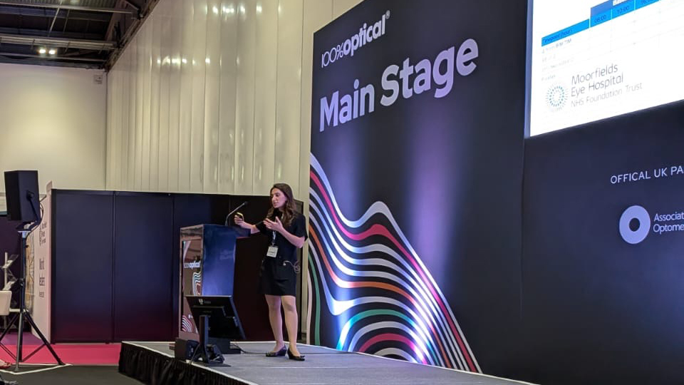Sana Hamid delivers her presentation at 100% Optical 2026