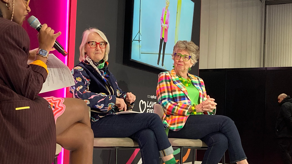 Presenter, Annaliese Dayes, style consultant, Jane Galpin and broadcaster, Prue Leith, in discussion at 100% Optical