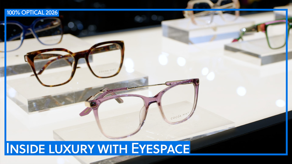 A row of spectacle lenses on display on clear perspex stands against a light box. The frames are sophisticated and colourful and branded as Cocoa Mint