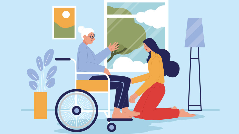 Illustration of a medical practitioner who is treating an older woman in a wheelchair in a sunny testing room