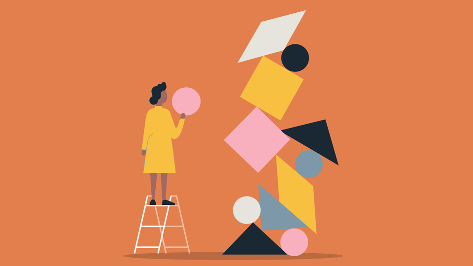 Orange background with a cartoon woman balancing a lot of geometric blocks 