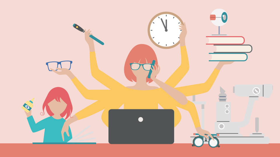 An illustration of a woman with many arms juggling different tasks